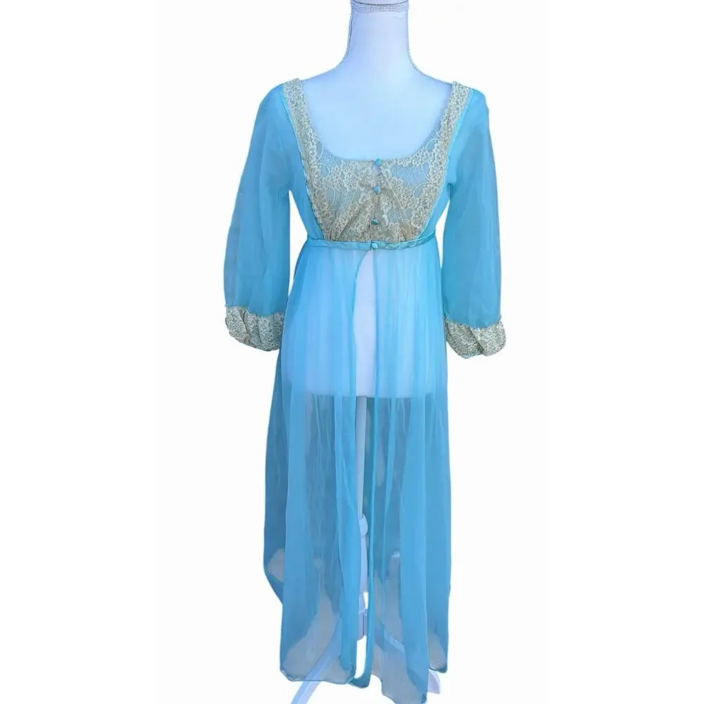Vintage 1960s Blue Nylon Peignoir Robe With Chantilly Lace Juliette Style